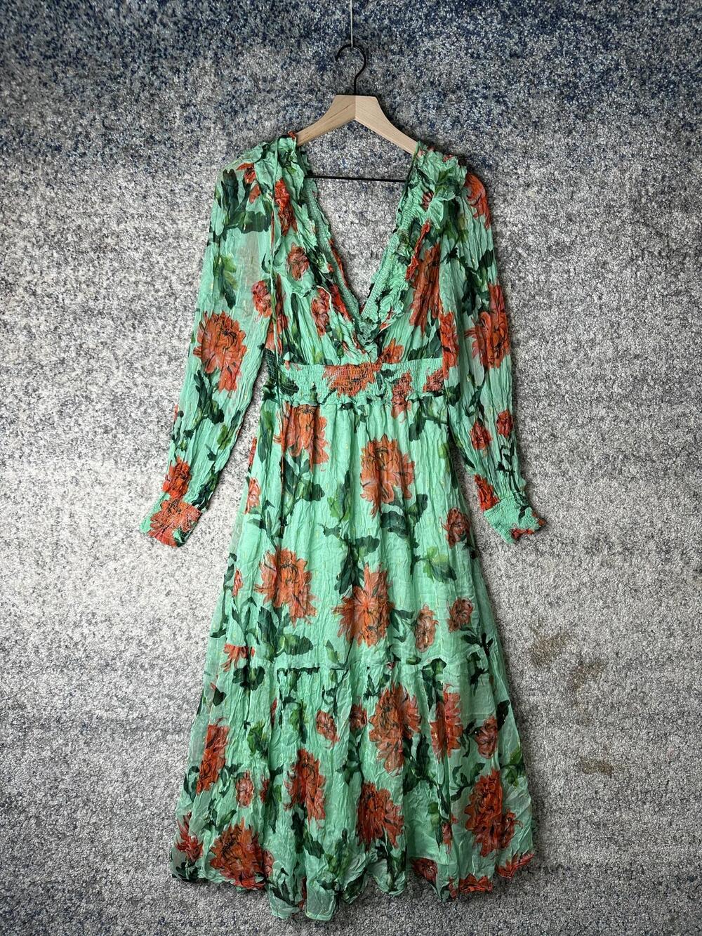 By Anthropologie Dress Womens Medium Green Floral Metallic Maxi Long Sleeve Boho